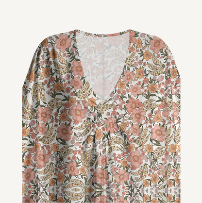 V‑Neck Amber Bloom Kimono Sleeve Kaftan Dress