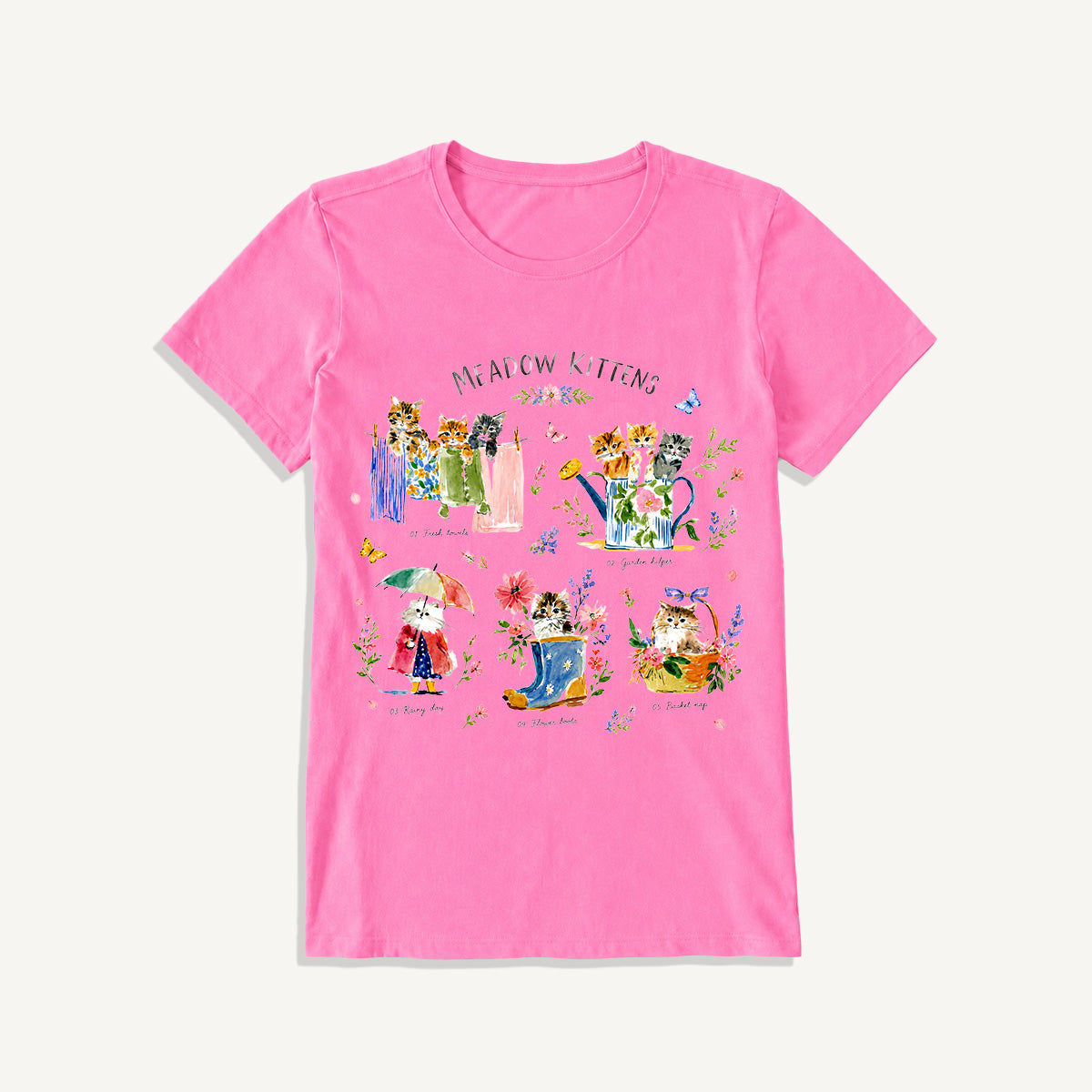 Watercolor Meadow Kittens Guide Print Crew Neck Cotton Tee