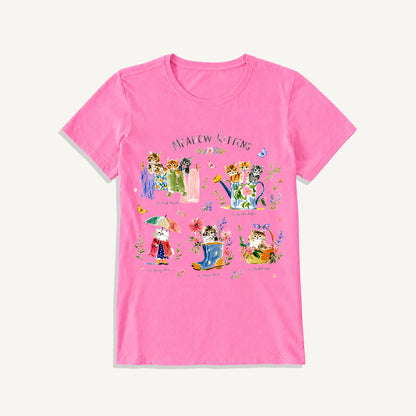 Watercolor Meadow Kittens Guide Print Crew Neck Cotton Tee