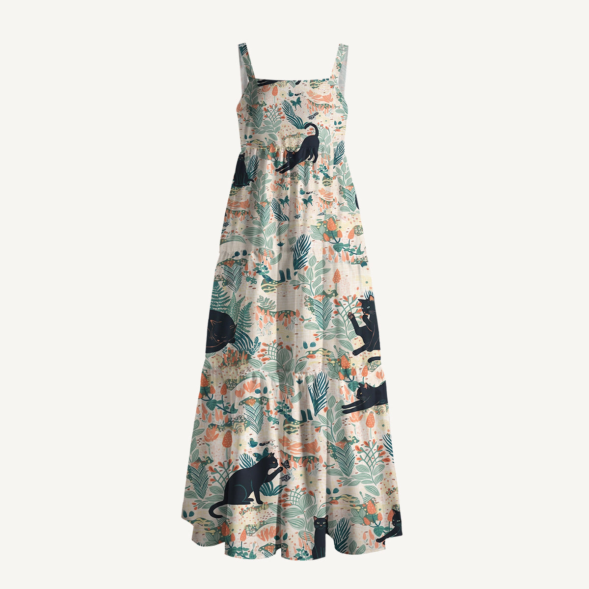 Square Neck Into the Woods Cats Print Wide Straps Maxi Dress With Pockets