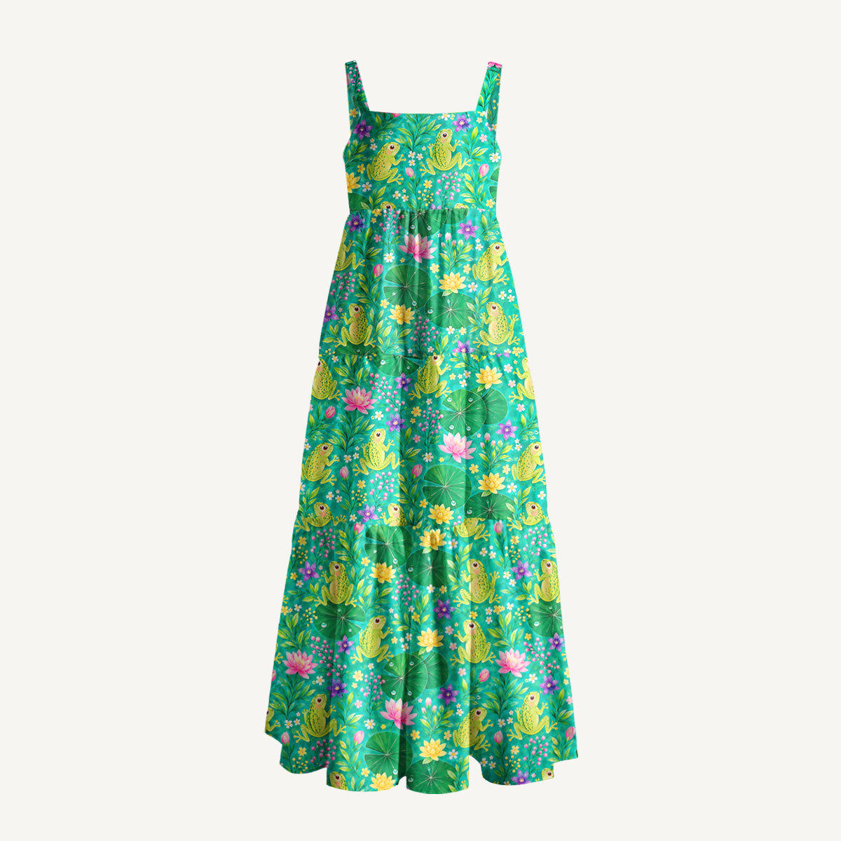 Lotus Pond Frog Print Wide Straps Maxi Dress With Pockets