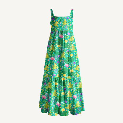 Lotus Pond Frog Print Wide Straps Maxi Dress With Pockets