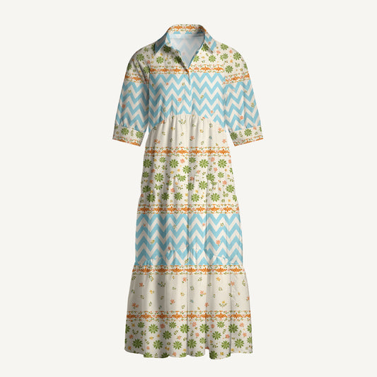 V Neck Collared Pastel Chevron and Ditsy Floral Stripe Print Casual Midi Dress With Pockets