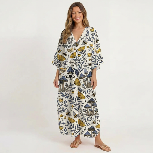 V‑Neck Bee Whisper Forest Kimono Sleeve Kaftan Dress