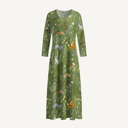 Whimsical Woodland Animals Print Soft-Touch Stretch Knit Long Sleeve Maxi Dress with Pockets