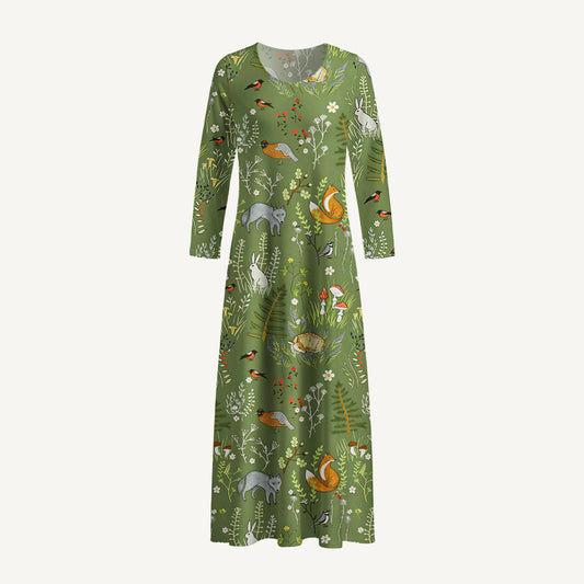 Whimsical Woodland Animals Print Soft-Touch Stretch Knit Long Sleeve Maxi Dress with Pockets
