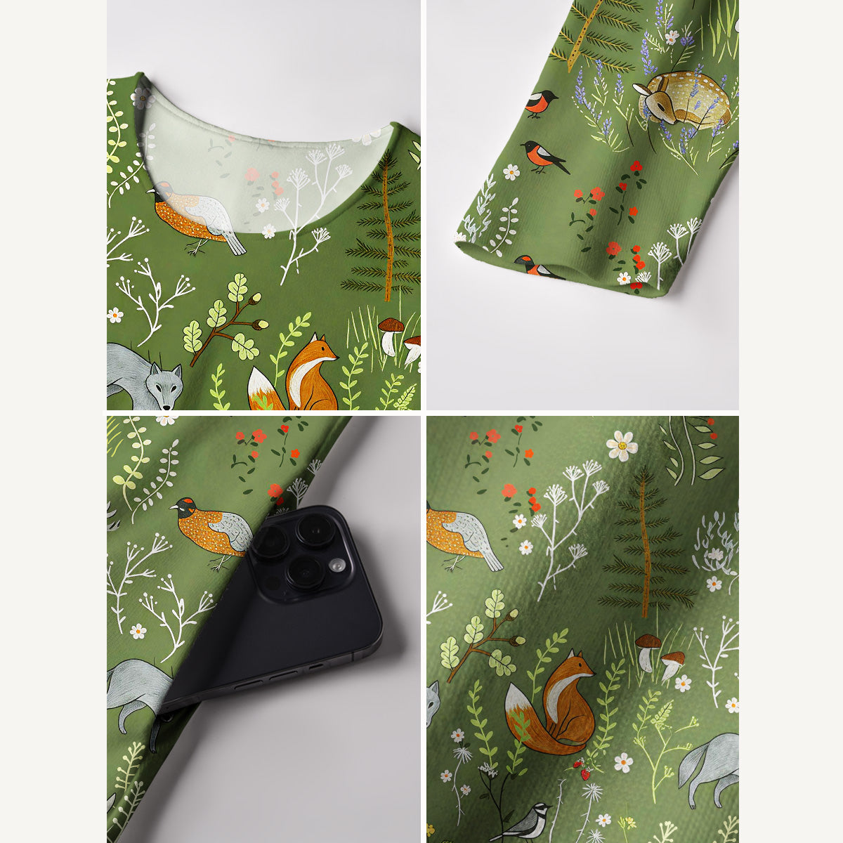 Whimsical Woodland Animals Print Soft-Touch Stretch Knit Long Sleeve Maxi Dress with Pockets