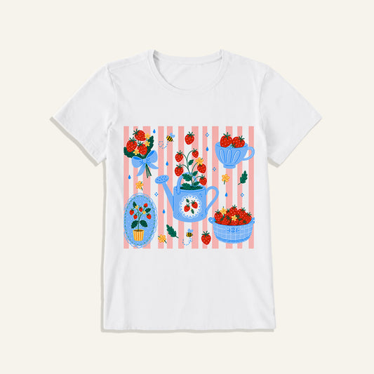 Strawberry Garden Harvest Print Crew Neck Cotton Tee