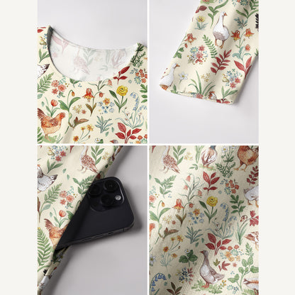 Countryside Garden Critter Print Soft-Touch Stretch Knit Long Sleeve Maxi Dress with Pockets
