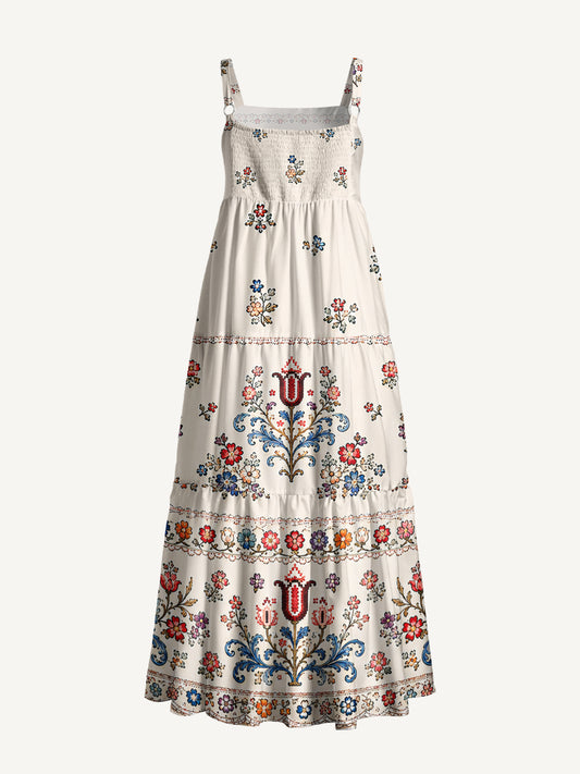 Heritage Folk Bloom Print Wide Straps Maxi Dress With Pockets
