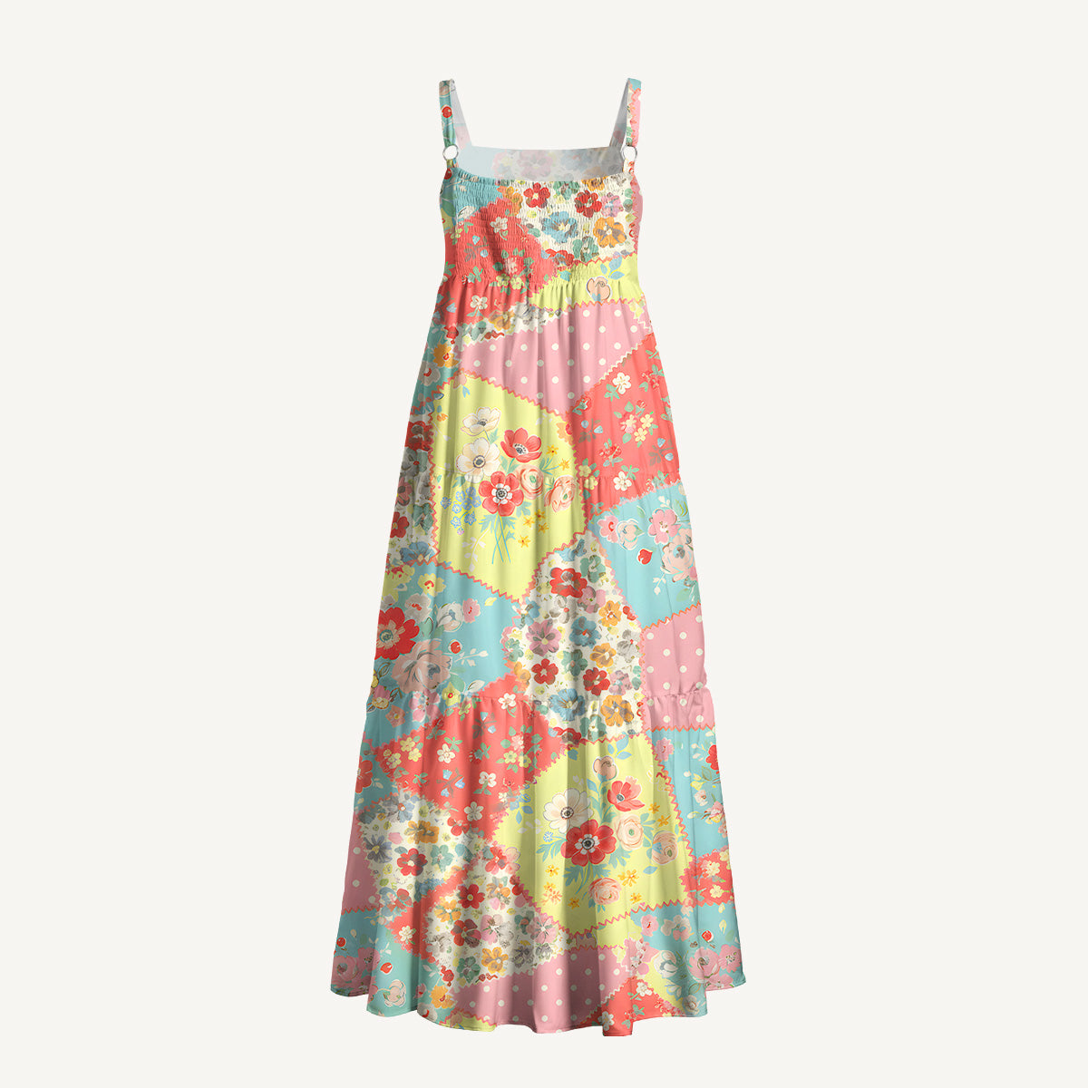 Square Neck Colorful Blossom Patchwork Print Wide Straps Maxi Dress With Pockets