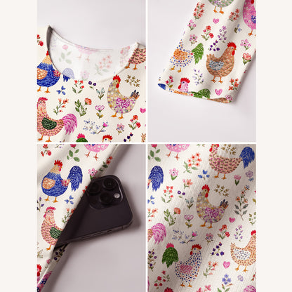 Colorful Farm Chickens Print Soft-Touch Stretch Knit Long Sleeve Maxi Dress with Pockets