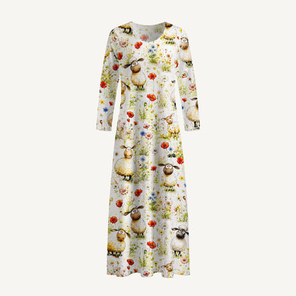Whimsical Sheep Clipart Print Soft-Touch Stretch Knit Long Sleeve Maxi Dress with Pockets