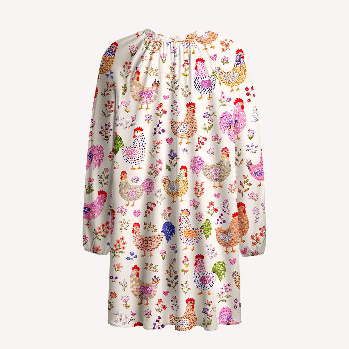Colorful Farm Chickens Print Boho Tie‑Neck Smock Mini Dress