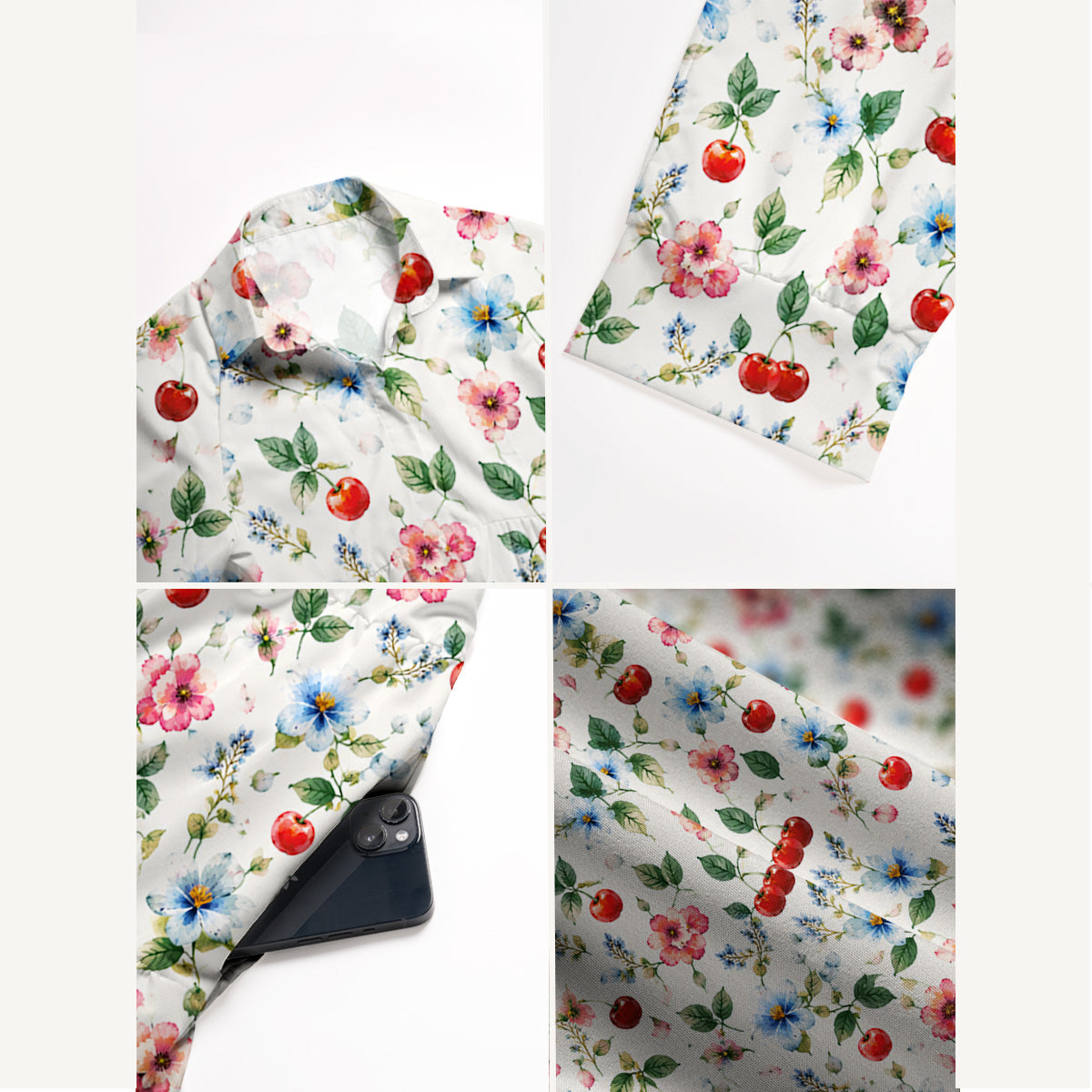 V Neck Collared Cherry & Floral Print Casual Midi Dress With Pockets