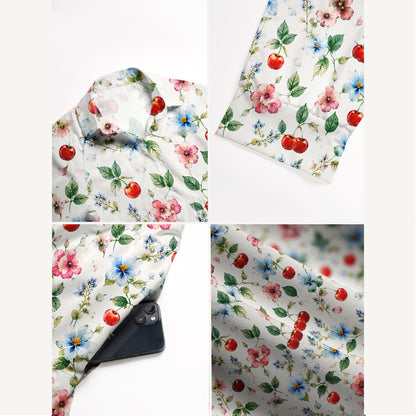 V Neck Collared Cherry & Floral Print Casual Midi Dress With Pockets