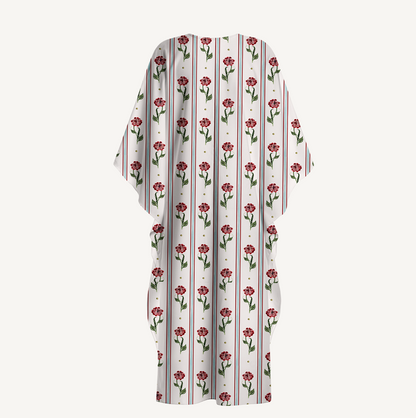 V‑Neck Crimson Dianthus Kimono Sleeve Kaftan Dress