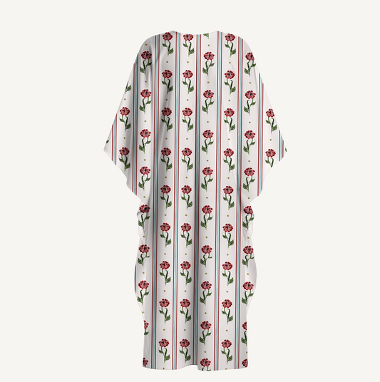 V‑Neck Crimson Dianthus Kimono Sleeve Kaftan Dress