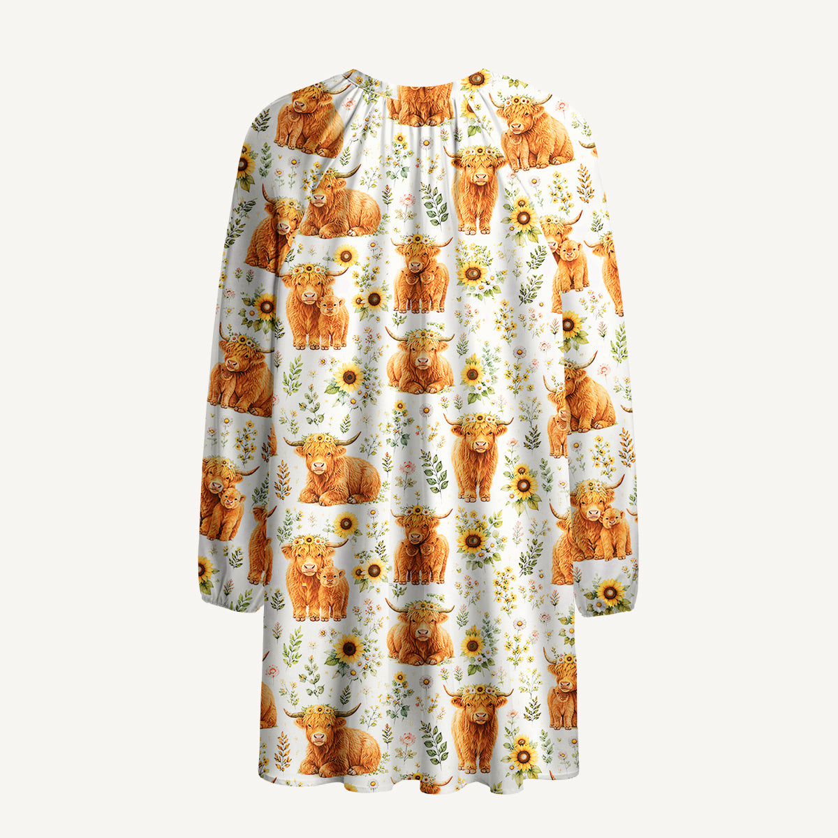 Spring Highland Cow Floral Print Boho Tie‑Neck Smock Mini Dress