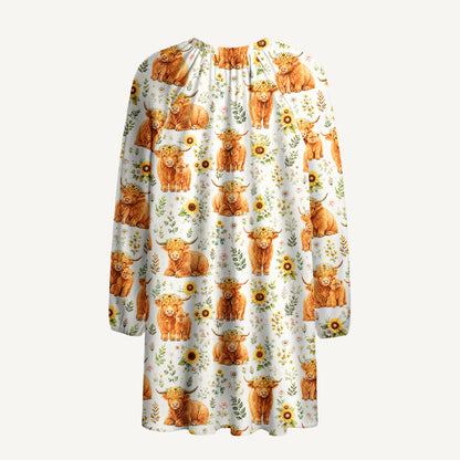 Spring Highland Cow Floral Print Boho Tie‑Neck Smock Mini Dress
