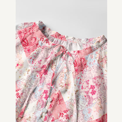 Shabby Chic Floral Patchwork Print Boho Tie‑Neck Smock Mini Dress