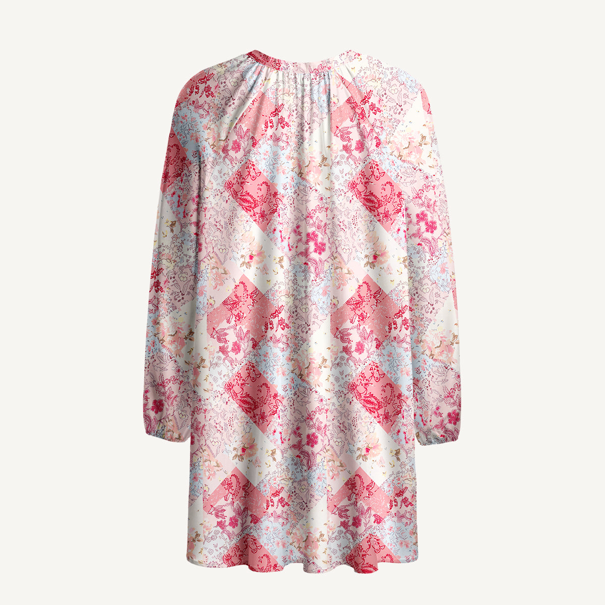 Shabby Chic Floral Patchwork Print Boho Tie‑Neck Smock Mini Dress
