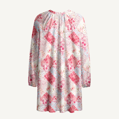 Shabby Chic Floral Patchwork Print Boho Tie‑Neck Smock Mini Dress