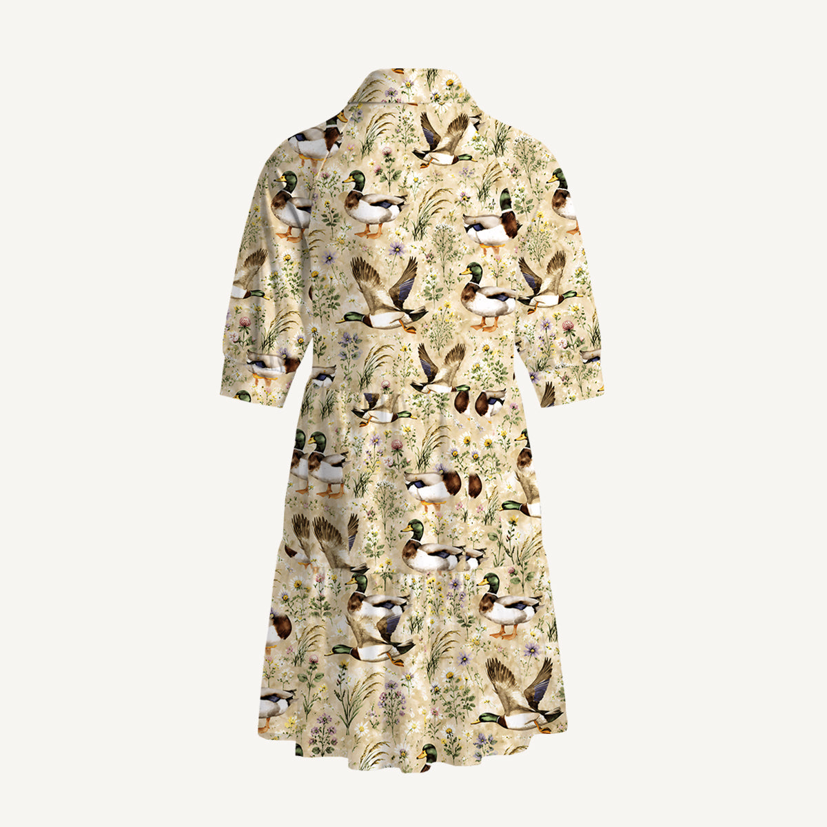 V Neck Collared Watercolor Mallard Ducks Mini Dress For Women With Pockets