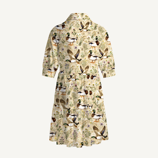 V Neck Collared Watercolor Mallard Ducks Mini Dress For Women With Pockets