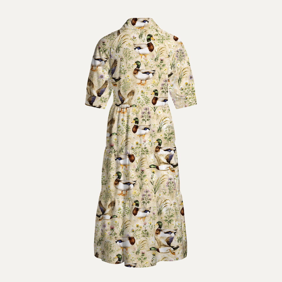 Watercolor Mallard Ducks Print Casual Midi Dress With Pockets