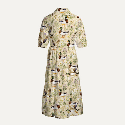 Watercolor Mallard Ducks Print Casual Midi Dress With Pockets