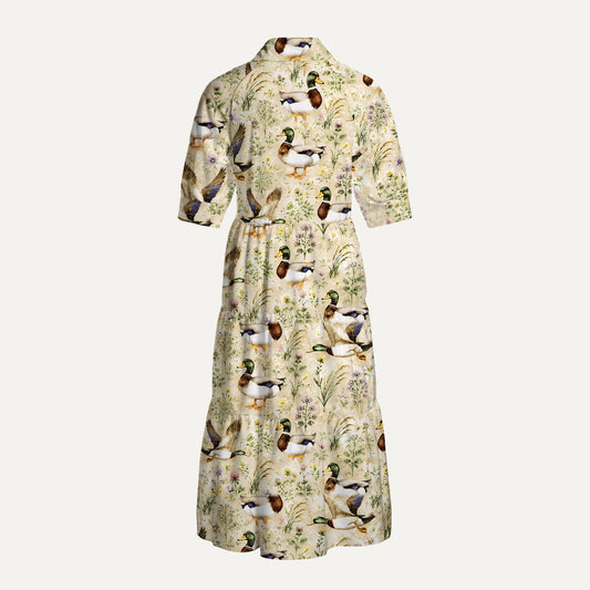 Watercolor Mallard Ducks Print Casual Midi Dress With Pockets
