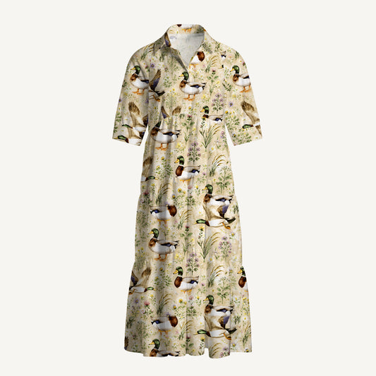 Watercolor Mallard Ducks Print Casual Midi Dress With Pockets