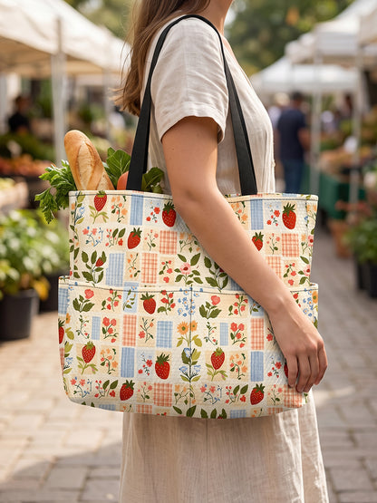 Strawberry Garden Patchwork Print Tote Bag