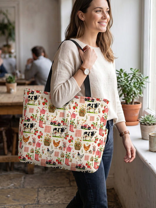 Watercolor Pink Farm Chicken Cow Print Tote Bag