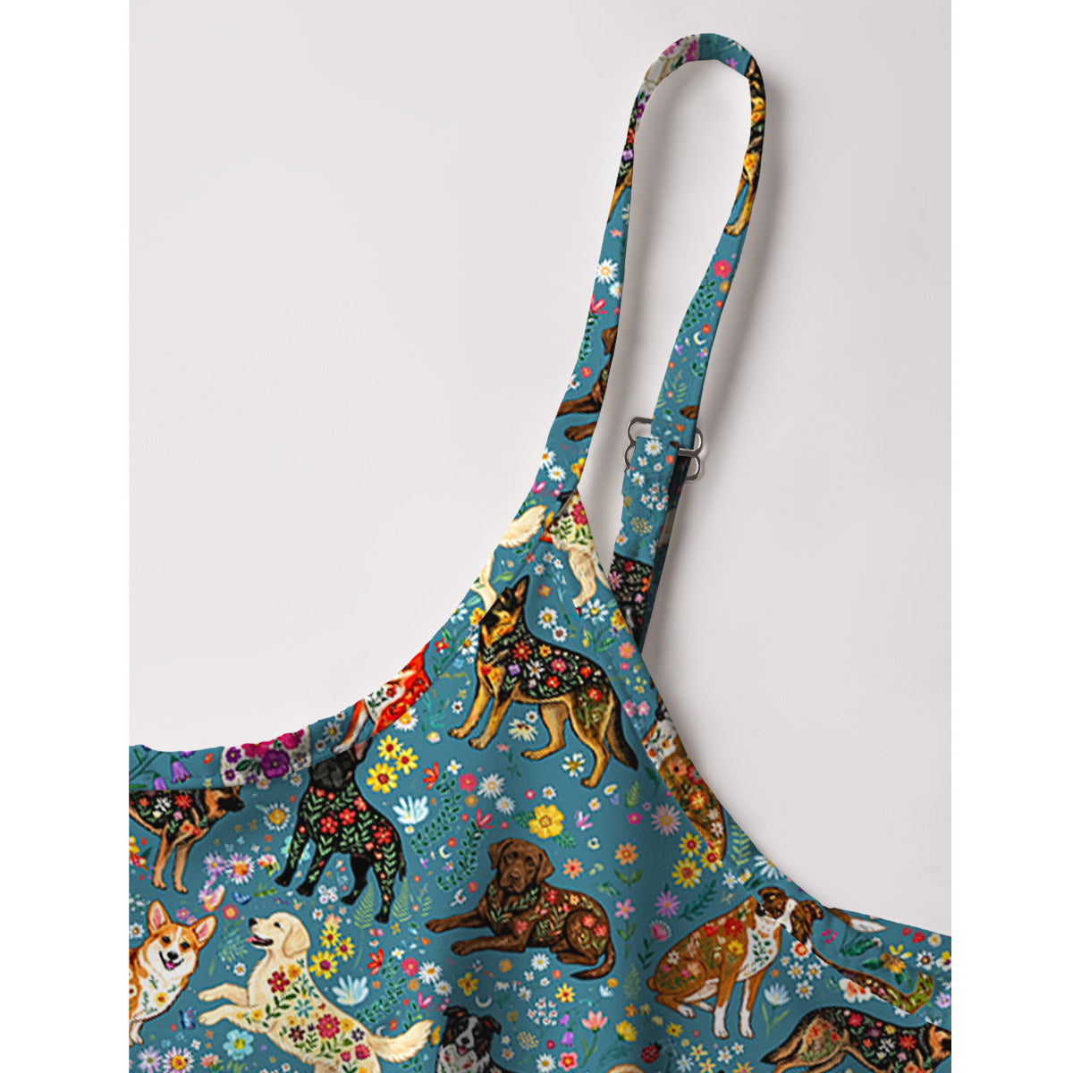 Cute Flower Dog Print Spaghetti Strap Mini Dress