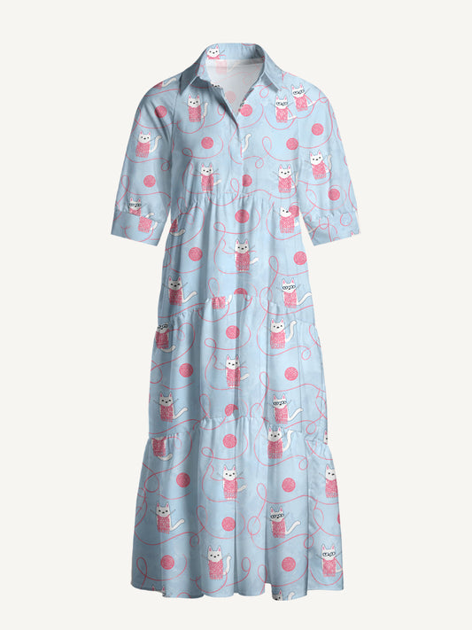 V Neck Collared Cozy Yarn Basket Cat Print Casual Midi Dress With Pockets