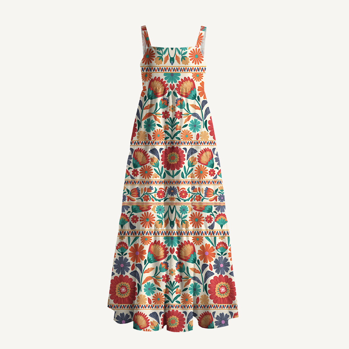 Square Neck Bohemian Folk Floral Stripe Print Wide Straps Maxi Dress With Pockets