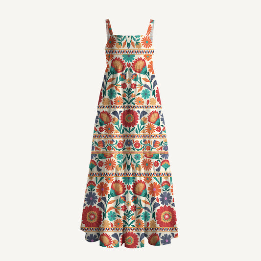Square Neck Bohemian Folk Floral Stripe Print Wide Straps Maxi Dress With Pockets