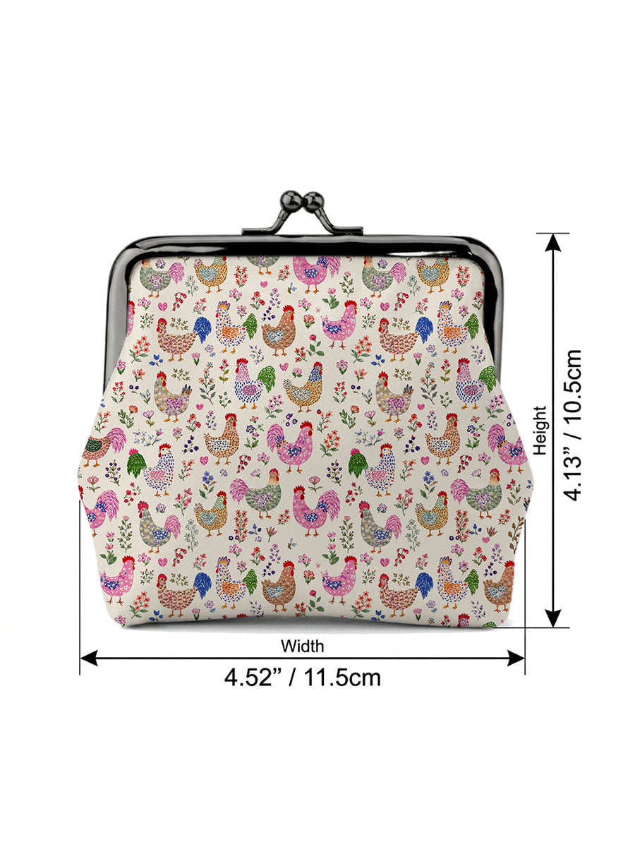 Colorful Farm Chickens Print Leather Mini Clasp Purse