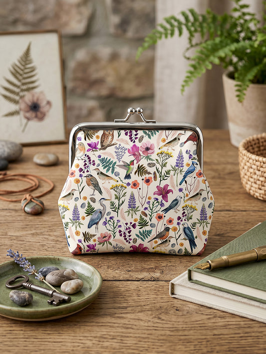 Whimsical Woodland Birds Wildflowers Print Leather Mini Clasp Purse