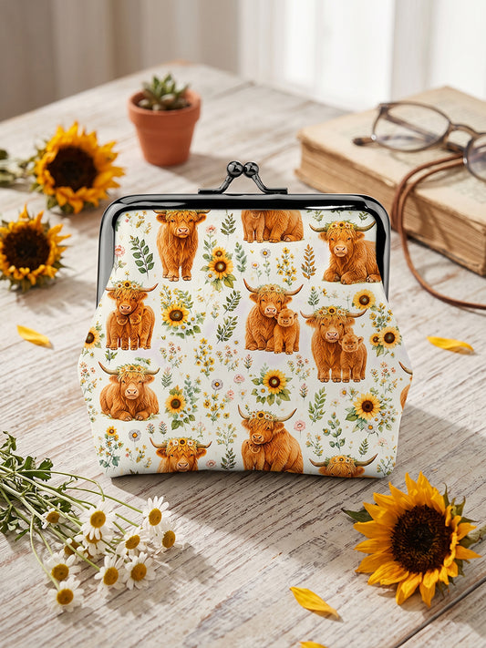 Spring Highland Cow Floral Print Leather Mini Clasp Purse