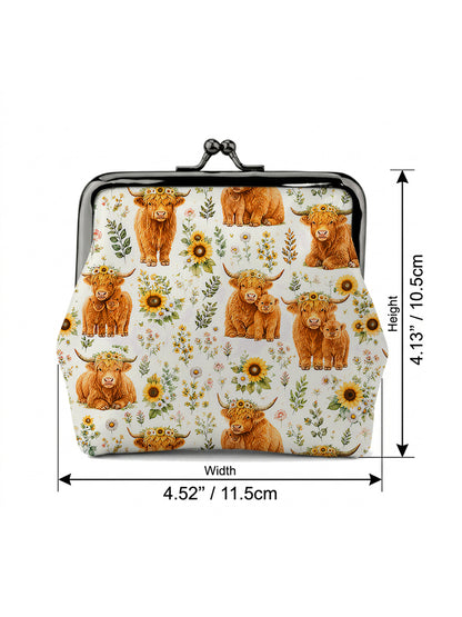 Spring Highland Cow Floral Print Leather Mini Clasp Purse