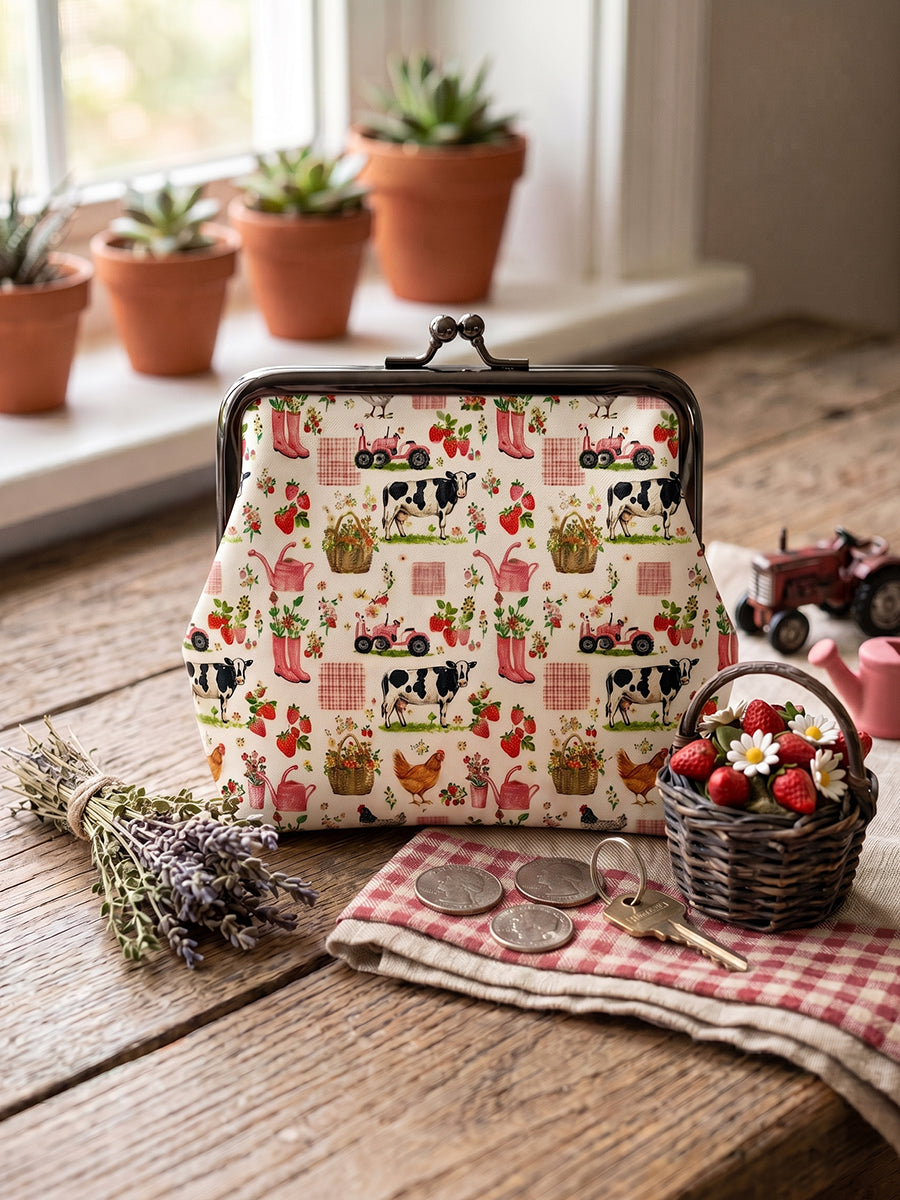 Watercolor Pink Farm Chicken Cow Print Leather Mini Clasp Purse