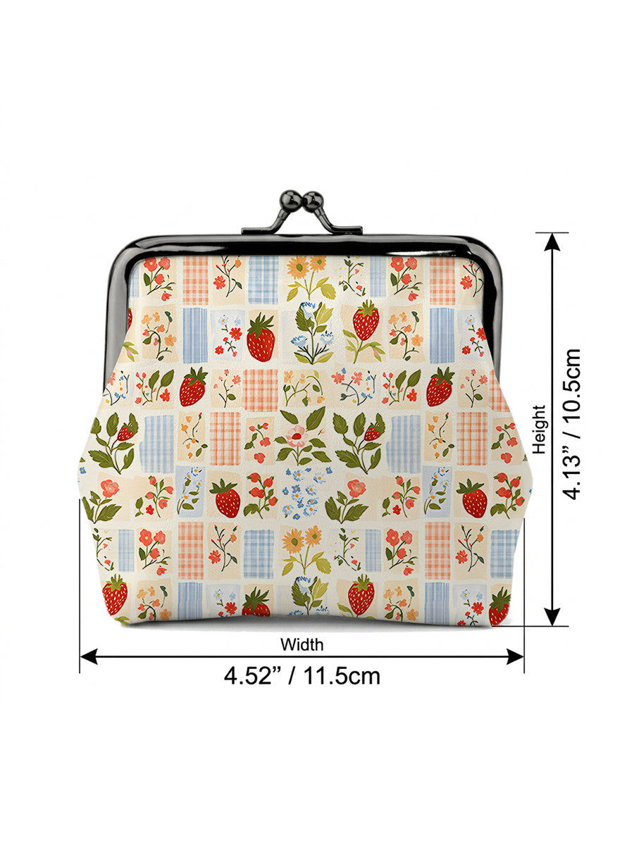 Strawberry Garden Patchwork Print Leather Mini Clasp Purse