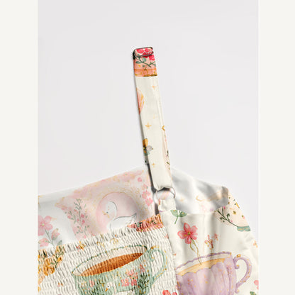 Whimsical Floral Teacup Cat Print Wide Straps Maxi Dress With Pockets