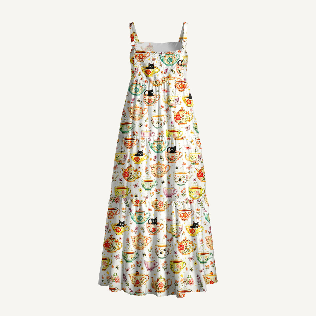 Whimsical Floral Teacup Cat Print Wide Straps Maxi Dress With Pockets