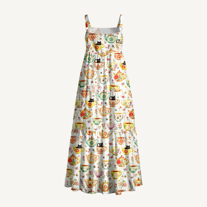 Whimsical Floral Teacup Cat Print Wide Straps Maxi Dress With Pockets