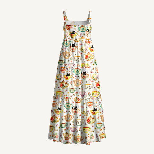 Whimsical Floral Teacup Cat Print Wide Straps Maxi Dress With Pockets