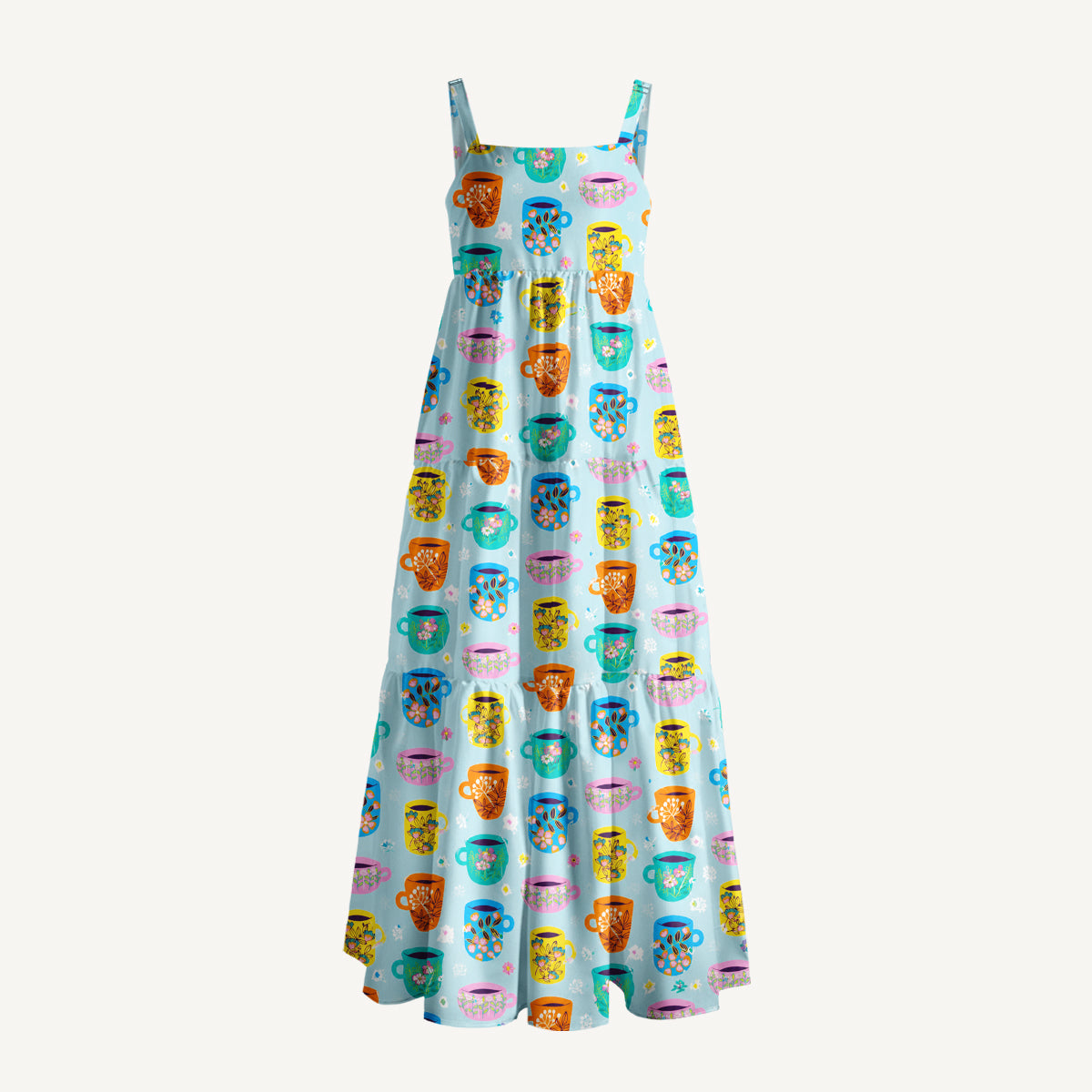 Colorful Hand-Drawn Teacup Print Wide Straps Maxi Dress With Pockets